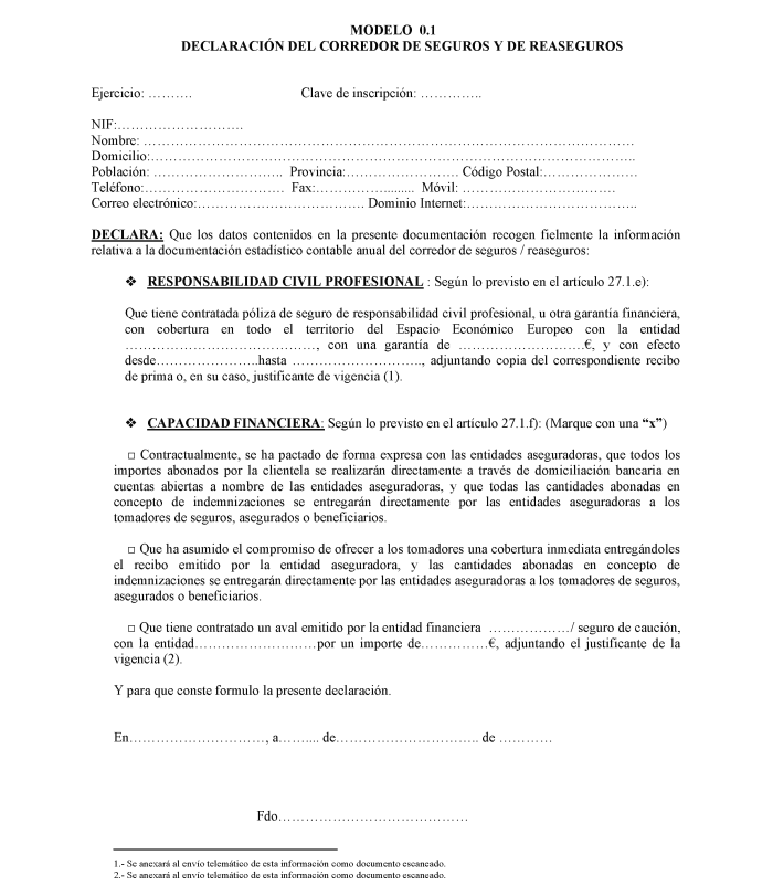 Modelo 0.1 Declaración del corredor de seguros y de reaseguros.