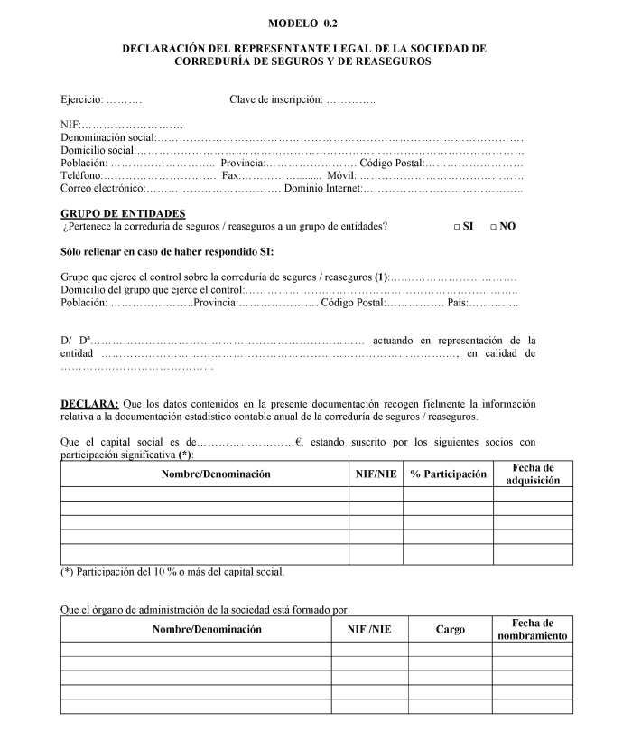 Modelo 0.2 Declaración del representante legal de la sociedad de correduría de seguros y de reaseguros.