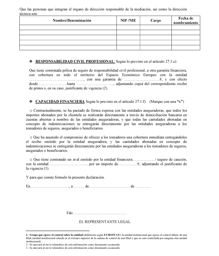 Modelo 0.2 Declaración del representante legal de la sociedad de correduría de seguros y de reaseguros.