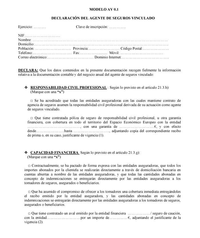 Modelo AV 0.1 Declaración del agente de seguros vinculado.