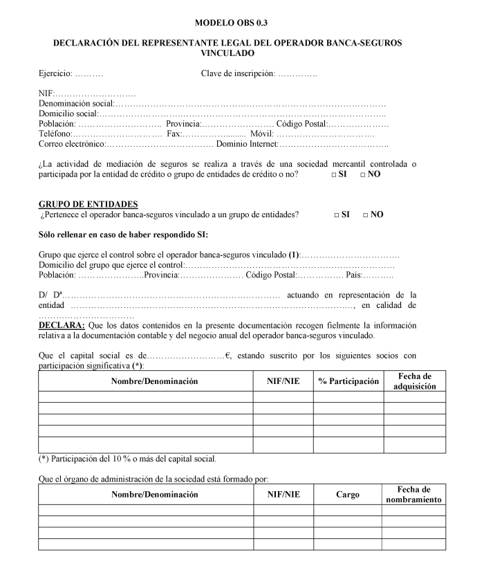 Modelo OBS 0.3 Declaración del representante legal del operador banca-seguros vinculado.