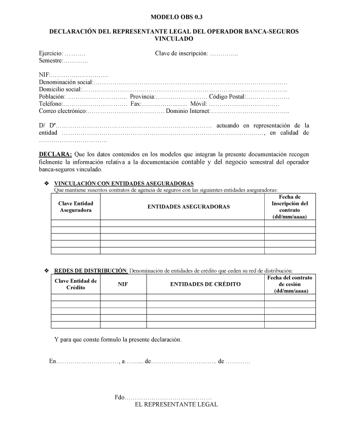 Modelo OBS 0.3 Declaración del representante legal del operador banca-seguros vinculado.