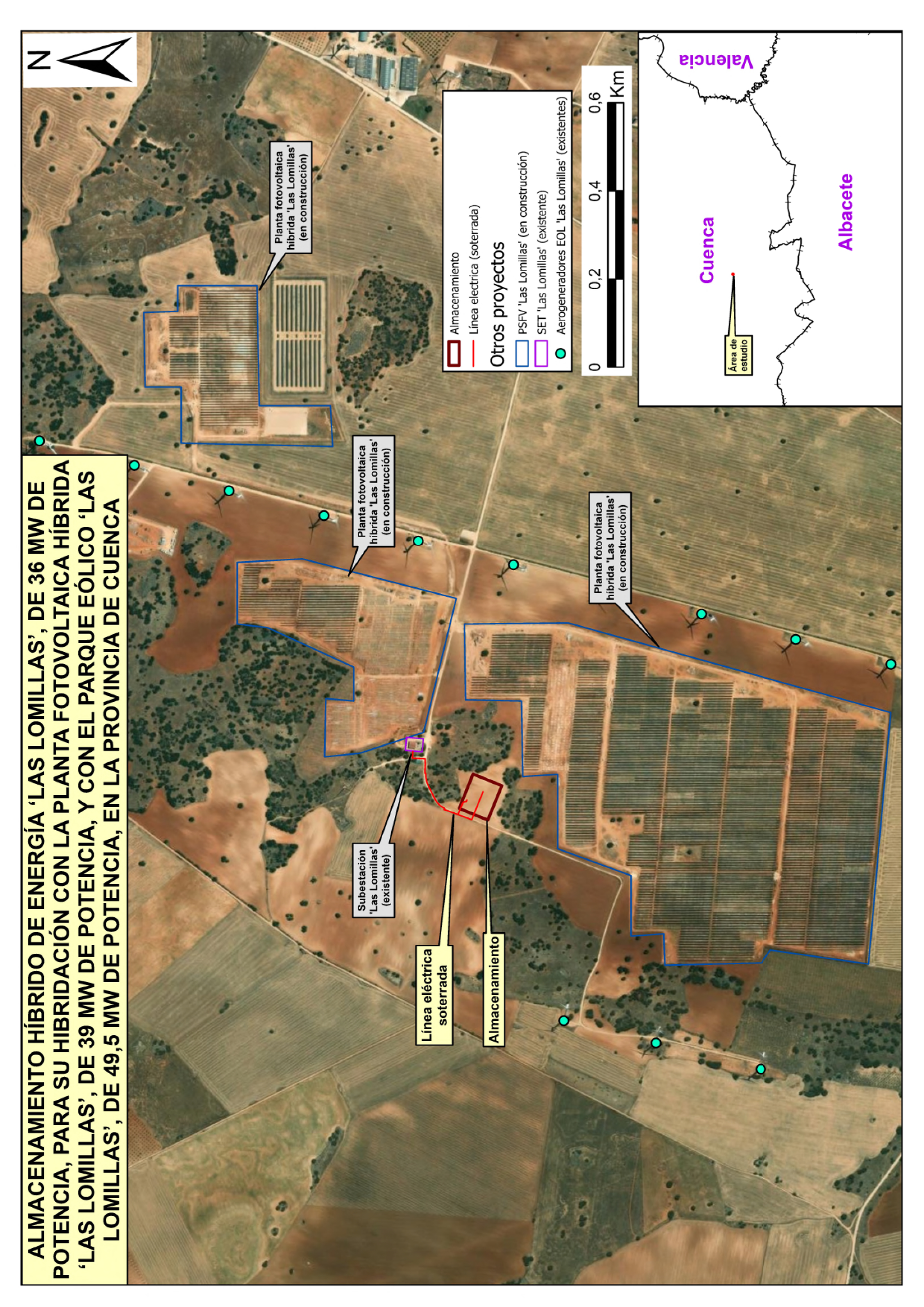 Imagen del artículo Resolución de 2 de abril de 2025, de la Dirección General de Calidad y Evaluación Ambiental, por la que se formula informe de impacto ambiental del proyecto «Almacenamiento híbrido de energía Las Lomillas, de 36 MW de potencia, para su hibridación con la planta fotovoltaica híbrida Las Lomillas, de 39 MW de potencia, y con el parque eólico Las Lomillas, de 49,5 MW de potencia, en la provincia de Cuenca».