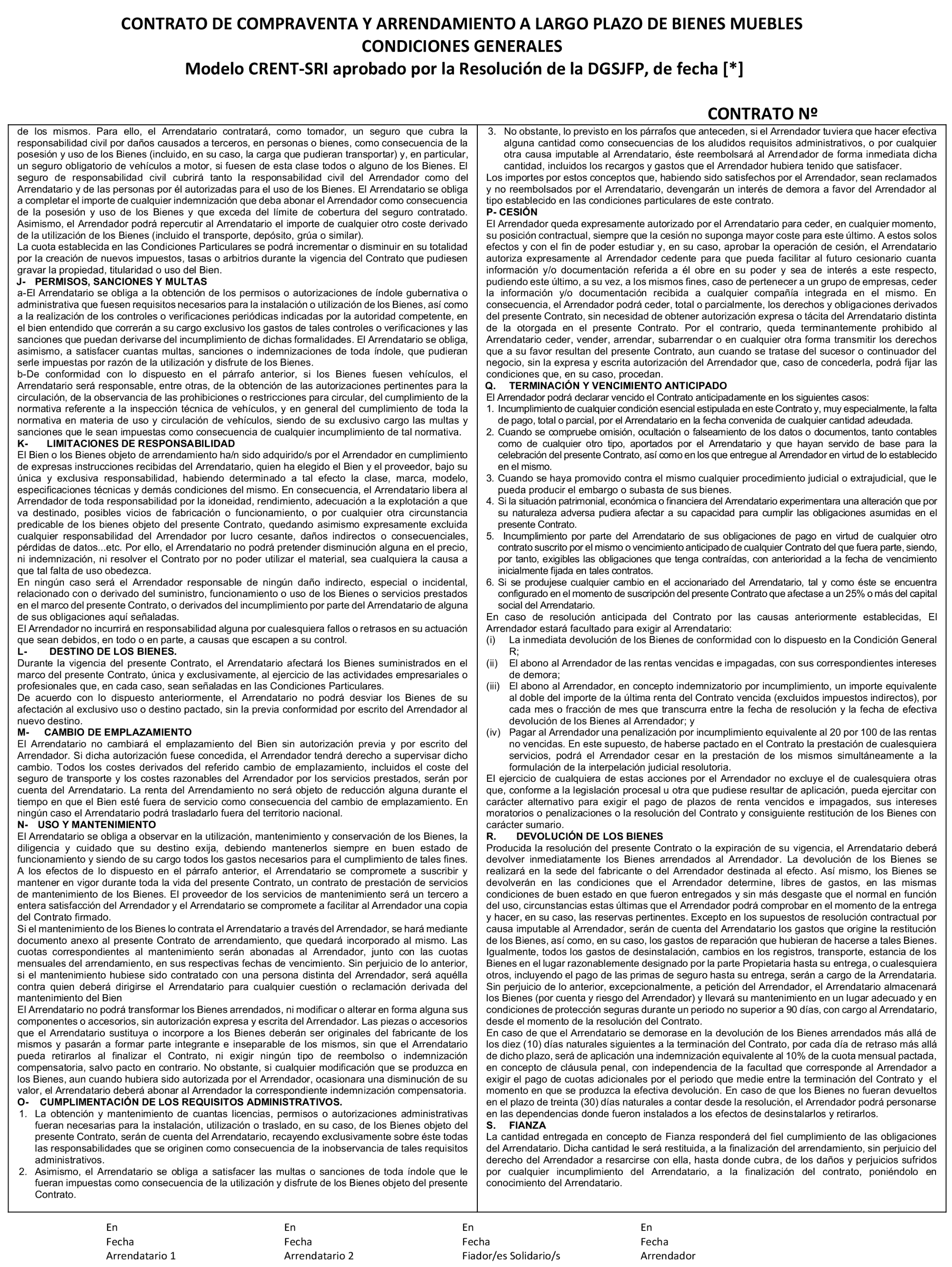 Imagen del artículo Resolución de 2 de abril de 2025, de la Dirección General de Seguridad Jurídica y Fe Pública, por la que se aprueba el modelo de contrato de compraventa y arrendamiento a largo plazo de bienes muebles, con letras de identificación CRENT-SRI, y sus anexos, para ser utilizado por Crede Rent, SL.