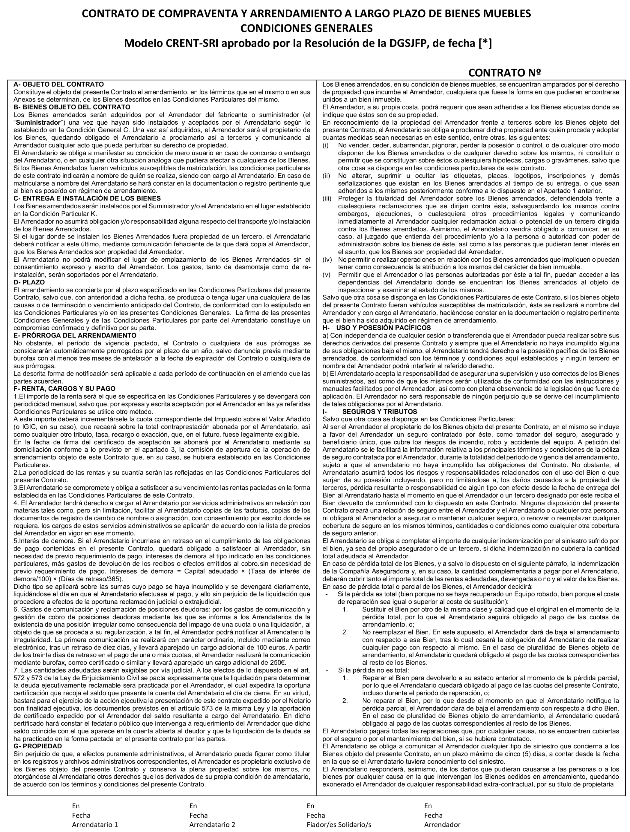 Imagen del artículo Resolución de 2 de abril de 2025, de la Dirección General de Seguridad Jurídica y Fe Pública, por la que se aprueba el modelo de contrato de compraventa y arrendamiento a largo plazo de bienes muebles, con letras de identificación CRENT-SRI, y sus anexos, para ser utilizado por Crede Rent, SL.