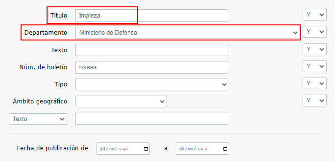 Escribir 'limpieza' en el campo 'Título', seleccionar 'Ministerio de Defensa' en el campo 'Departamento'