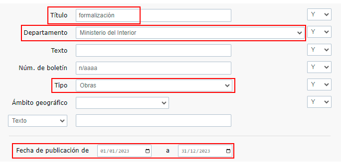 Escribir 'formalización' en el campo 'Título', seleccionar 'Ministerio del Interior' en el campo 'Departamento', seleccionar 'Obras' en el campo 'Tipo' y acotar la 'Fecha de publicación' de 01/01/2023 a 31/12/2023