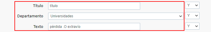 Escribir 'título' en el campo 'Título', seleccionar 'Universidades' en el campo 'Departamento' y escribir 'pérdida' y 'extravío' con el operador '.O' en el campo 'Texto' 