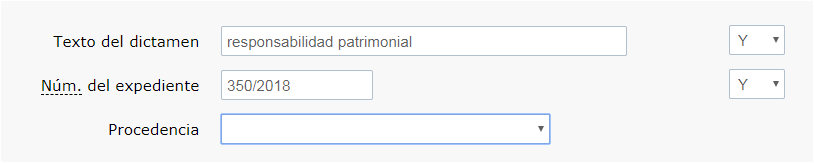Escribir RESPONSABILIDAD PATRIMONIAL en el campo 'Texto del Dictamen' y 350/2018 en el campo 'Num. del expediente'