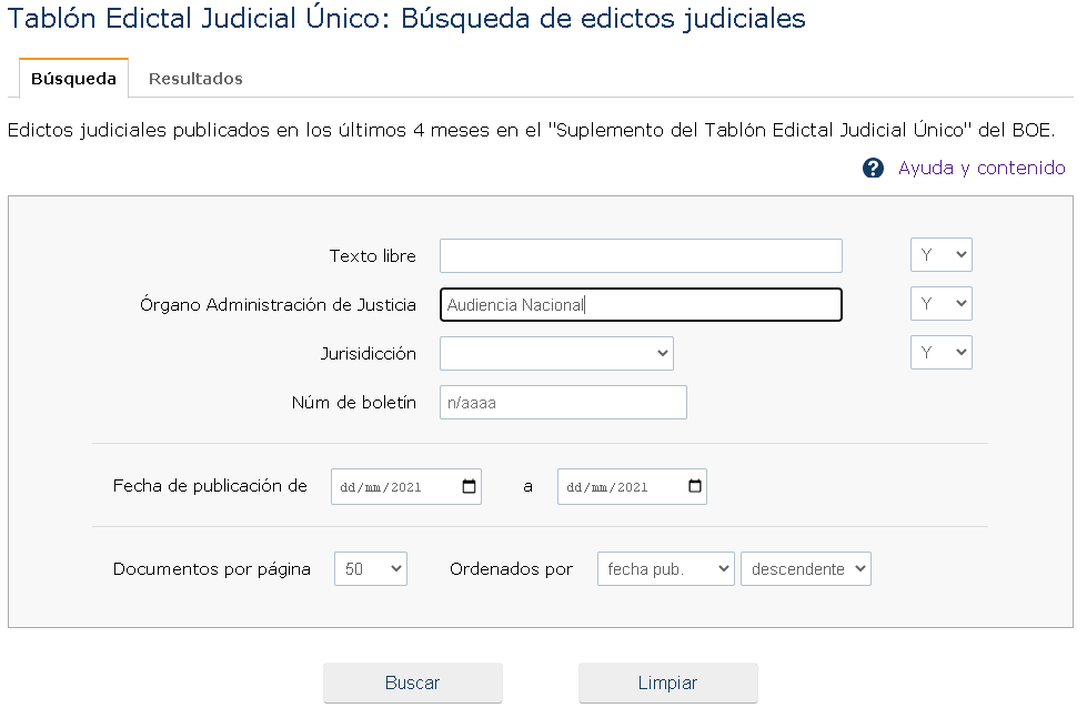 Se escribe en el campo ORGANO DE LA ADMINISTRACION DE JUSTICIA 'Audiencia Nacional'