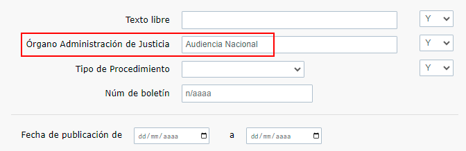Se escribe en el campo ORGANO DE LA ADMINISTRACION DE JUSTICIA 'Audiencia Nacional'