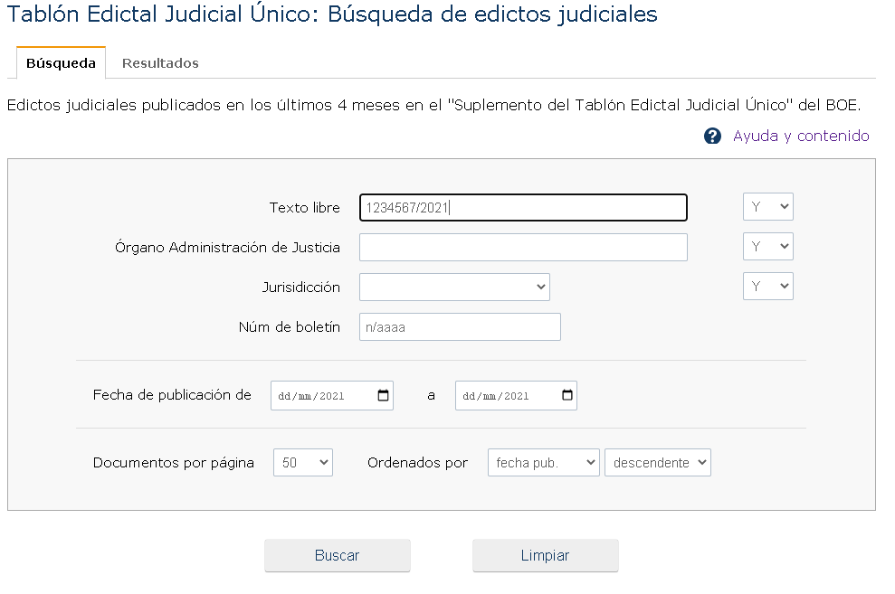 Se escribe en el campo TEXTO LIBRE el numero de procedimiento '1234567/2021'