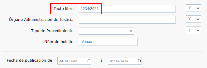 Se escribe en el campo TEXTO LIBRE el numero de procedimiento '1234/2021'