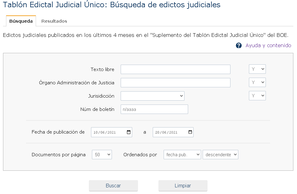 Se escribe en FECHA DE PUBLICACIÓN DE '10/06/2021' A '20/06/2021' 