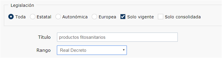 Escribir en el campo título las palabras: productos fitosanitarios; seleccionar en el campo rango: Real Decreto
