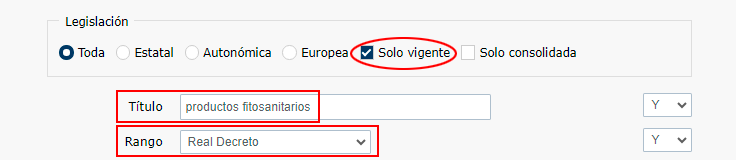 Escribir en el campo título las palabras: productos fitosanitarios; seleccionar en el campo rango: Real Decreto