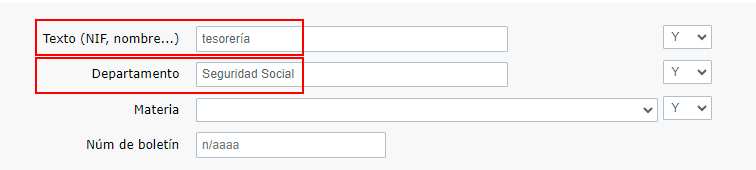Se escribe en el campo TEXTO 'tesorería' y en el campo DEPARTAMENTO 'Seguridad Social'