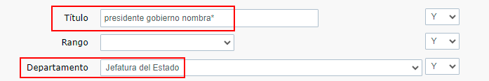 Escribir PRESIDENTE GOBIERNO NOMBRA en el campo 'Título' y seleccionar JEFATURA DEL ESTADO en el desplegable 'Departamento'